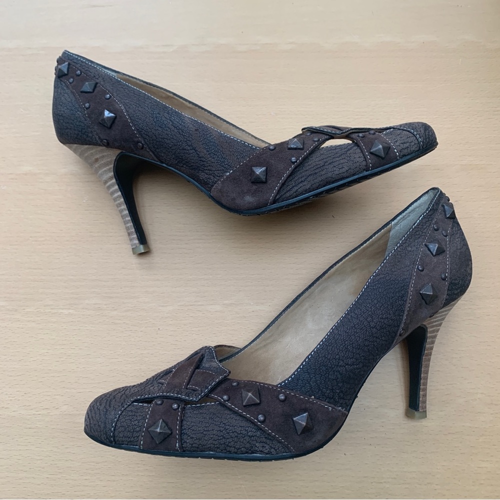 Studded Brown Textured Heels – Moto Boho | Edgy Statement Pumps